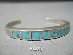 Intricate! Vintage Zuni Navajo Turquoise Inlay Sterling Silver Bracelet Old