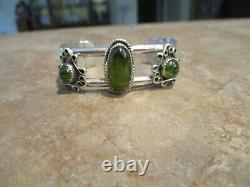 JOYFUL Vintage Navajo Sterling Silver Light Green Stone Bracelet Signed CB