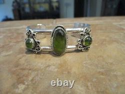 JOYFUL Vintage Navajo Sterling Silver Light Green Stone Bracelet Signed CB