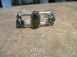 JOYFUL Vintage Navajo Sterling Silver Light Green Stone Bracelet Signed CB