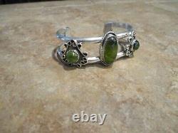 JOYFUL Vintage Navajo Sterling Silver Light Green Stone Bracelet Signed CB