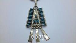 JY Jimmy Yazzie STERLING NAVAJO PETIT POINT TURQUOISE SQUASH BLOSSOM NECKLACE