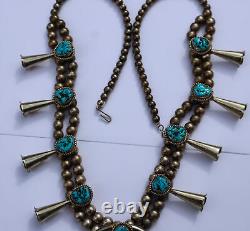 Kingman Turquoise & Nickel Silver Navajo Squash Blossom 171 Grams! 29 Vintage