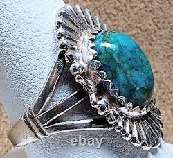 LARGE EARLY VINTAGE NAVAJO STERLING SILVER FINE NATURAL WEB TURQUOISE RING sz 10