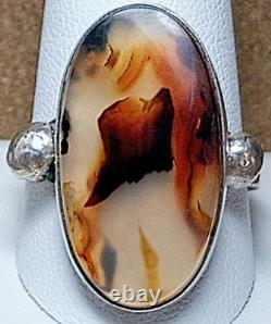 LARGE VINTAGE NAVAJO NATIVE AMERICAN STERLING SILVER MOSS PLUME AGATE RING sz 12