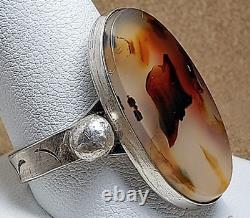 LARGE VINTAGE NAVAJO NATIVE AMERICAN STERLING SILVER MOSS PLUME AGATE RING sz 12