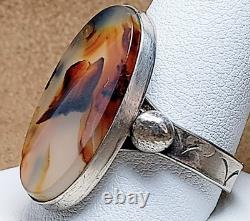 LARGE VINTAGE NAVAJO NATIVE AMERICAN STERLING SILVER MOSS PLUME AGATE RING sz 12
