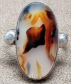 LARGE VINTAGE NAVAJO NATIVE AMERICAN STERLING SILVER MOSS PLUME AGATE RING sz 12