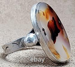 LARGE VINTAGE NAVAJO NATIVE AMERICAN STERLING SILVER MOSS PLUME AGATE RING sz 12