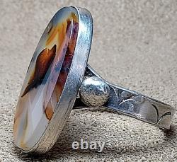 LARGE VINTAGE NAVAJO NATIVE AMERICAN STERLING SILVER MOSS PLUME AGATE RING sz 12