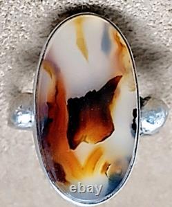 LARGE VINTAGE NAVAJO NATIVE AMERICAN STERLING SILVER MOSS PLUME AGATE RING sz 12