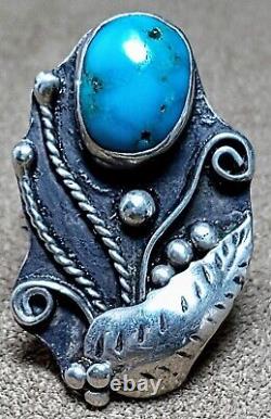 LARGE VINTAGE NAVAJO STERLING SILVER MORENCI TURQUOISE SQUASH BLOSSOM RING sz10