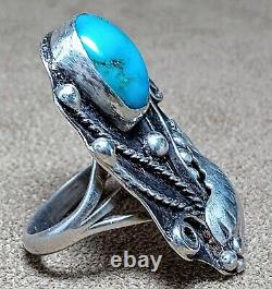 LARGE VINTAGE NAVAJO STERLING SILVER MORENCI TURQUOISE SQUASH BLOSSOM RING sz10