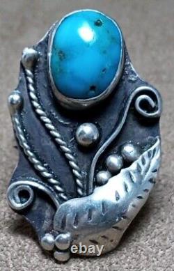 LARGE VINTAGE NAVAJO STERLING SILVER MORENCI TURQUOISE SQUASH BLOSSOM RING sz10