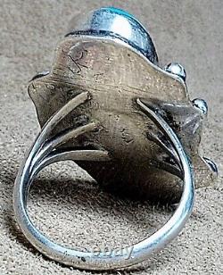 LARGE VINTAGE NAVAJO STERLING SILVER MORENCI TURQUOISE SQUASH BLOSSOM RING sz10