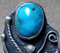 LARGE VINTAGE NAVAJO STERLING SILVER MORENCI TURQUOISE SQUASH BLOSSOM RING sz10