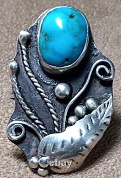 LARGE VINTAGE NAVAJO STERLING SILVER MORENCI TURQUOISE SQUASH BLOSSOM RING sz10