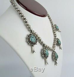 L B Begay spiderweb turquoise sterling silver VTG Navajo squash blossom necklace