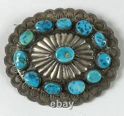 Large Handsome Vintage Navajo Indian Stamped Silver & Turquoise Concho Pin