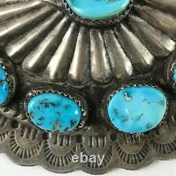 Large Handsome Vintage Navajo Indian Stamped Silver & Turquoise Concho Pin