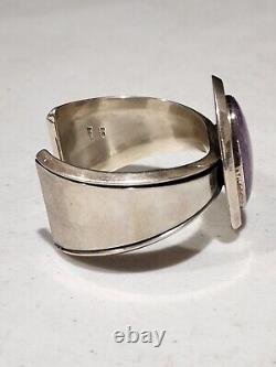 Large SIGNED Vintage ED Sterling Silver & Charoite Cuff Bracelet Handcrafted