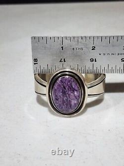 Large SIGNED Vintage ED Sterling Silver & Charoite Cuff Bracelet Handcrafted