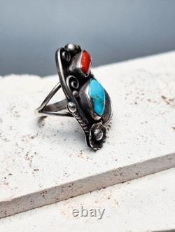 Large Vintage Native American Navajo Sterling Silver Turquoise Coral Ring