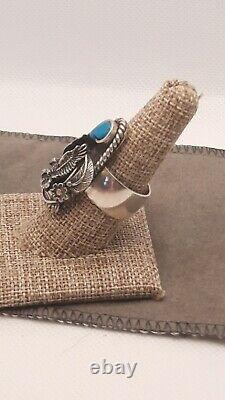 Large Vintage Navajo Eagle Turquoise Sterling Silver Ring Size 9