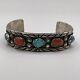 Large Vintage Navajo Sterling Silver Turquoise & Coral Cuff Bracelet 49 Grams