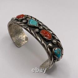 Large Vintage Navajo Sterling Silver Turquoise & Coral Cuff Bracelet 49 Grams