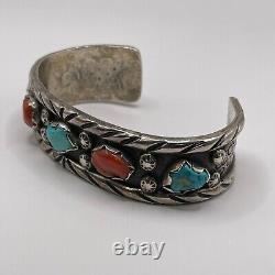 Large Vintage Navajo Sterling Silver Turquoise & Coral Cuff Bracelet 49 Grams