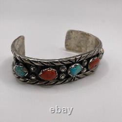 Large Vintage Navajo Sterling Silver Turquoise & Coral Cuff Bracelet 49 Grams