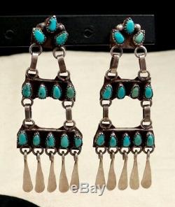 Large Vintage ZUNI Old Pawn Silver TURQUOISE Ladder EARRINGS