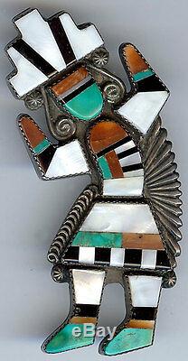Large Vintage Zuni Indian Inlaid Coral Turquoise Rainbow Man Pin Brooch