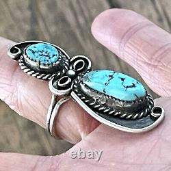Long Navajo Nugget Turquoise Ring Sz 8 Signed LS Sterling 8.6g Patina VTG 60s