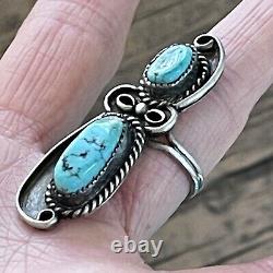 Long Navajo Nugget Turquoise Ring Sz 8 Signed LS Sterling 8.6g Patina VTG 60s