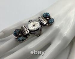 Long Vintage 70s sterling turquoise watch ring running Native American sz 9.75
