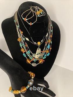 Lot Set Vintage Native American Handmade Glass Amber Turquoise Stone bead Silver