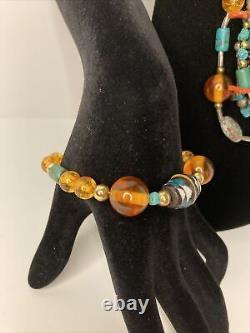 Lot Set Vintage Native American Handmade Glass Amber Turquoise Stone bead Silver