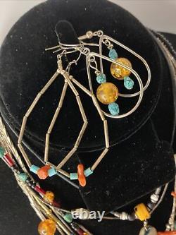 Lot Set Vintage Native American Handmade Glass Amber Turquoise Stone bead Silver