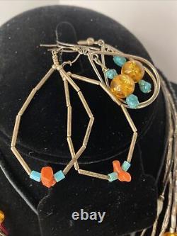 Lot Set Vintage Native American Handmade Glass Amber Turquoise Stone bead Silver