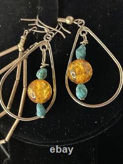 Lot Set Vintage Native American Handmade Glass Amber Turquoise Stone bead Silver