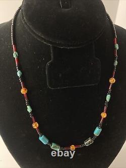 Lot Set Vintage Native American Handmade Glass Amber Turquoise Stone bead Silver