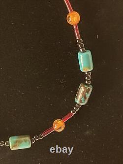 Lot Set Vintage Native American Handmade Glass Amber Turquoise Stone bead Silver