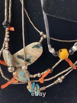 Lot Set Vintage Native American Handmade Glass Amber Turquoise Stone bead Silver