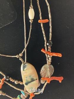 Lot Set Vintage Native American Handmade Glass Amber Turquoise Stone bead Silver