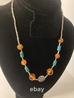 Lot Set Vintage Native American Handmade Glass Amber Turquoise Stone bead Silver