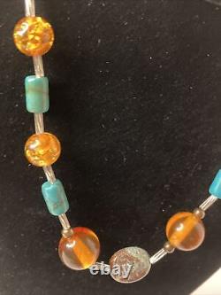 Lot Set Vintage Native American Handmade Glass Amber Turquoise Stone bead Silver