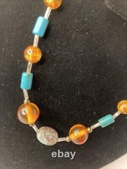 Lot Set Vintage Native American Handmade Glass Amber Turquoise Stone bead Silver