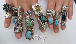 Lot of 18 ofl sterling silver turquoise onyx agate Navajo + vintage pawn rings